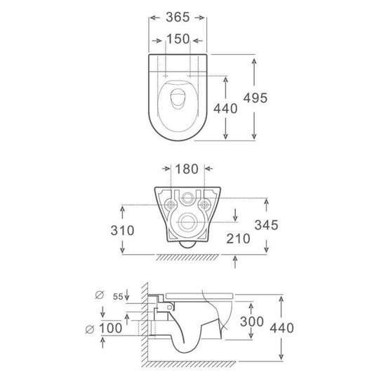 SANIKB FT-192 wall-hung toilet dimension drawing, 495 × 365 × 300 mm