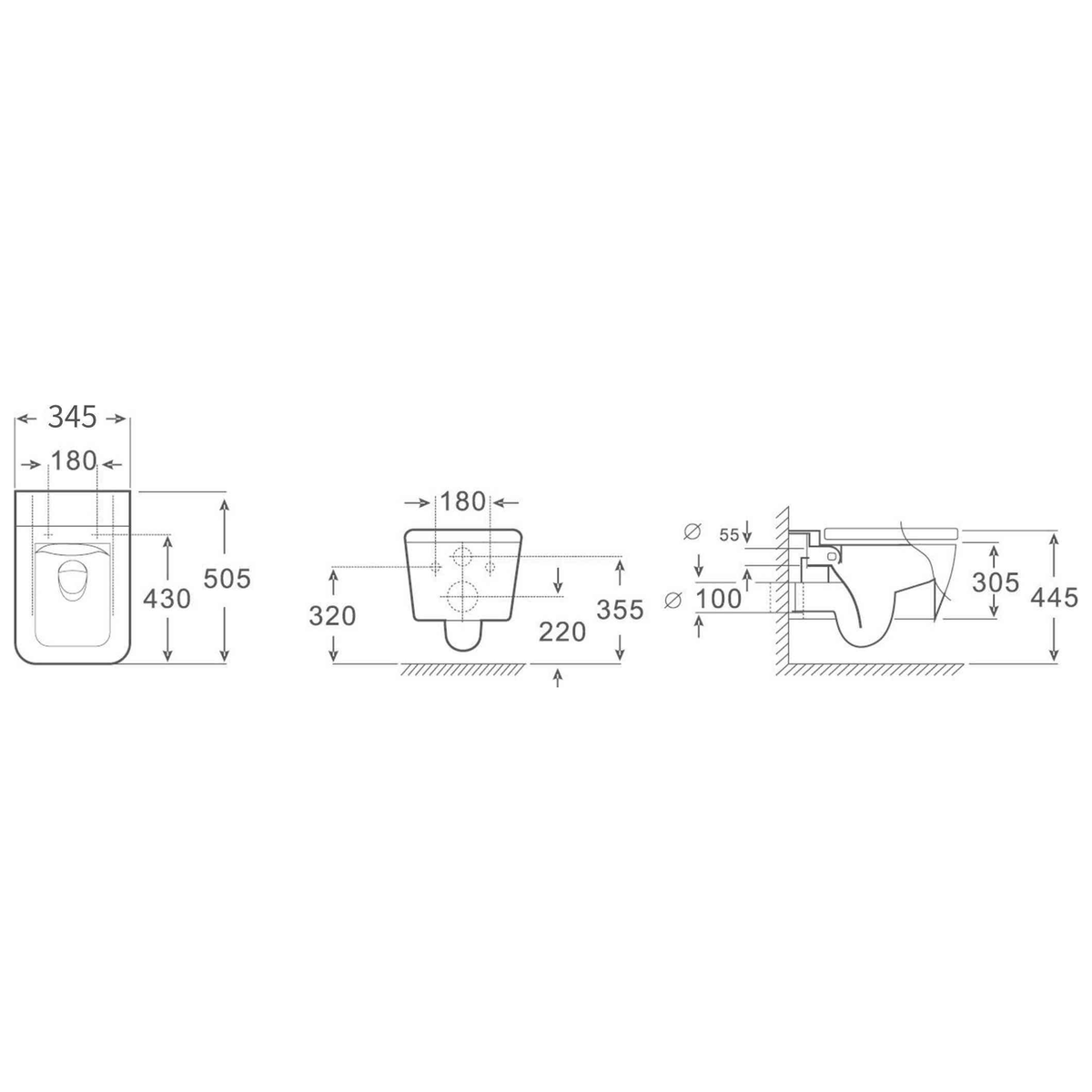 SANIKB FT-195 wall-hung toilet dimension drawing, 505 × 345 × 305 mm