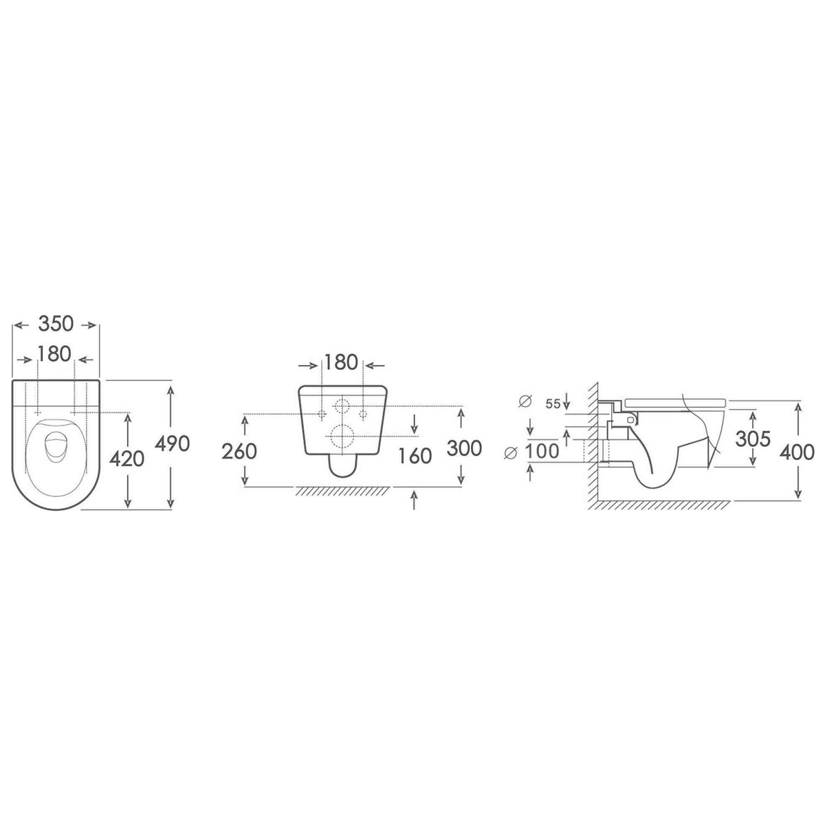 SANIKB FT-248 wall-hung toilet dimension drawing, 490 × 350 × 305 mm