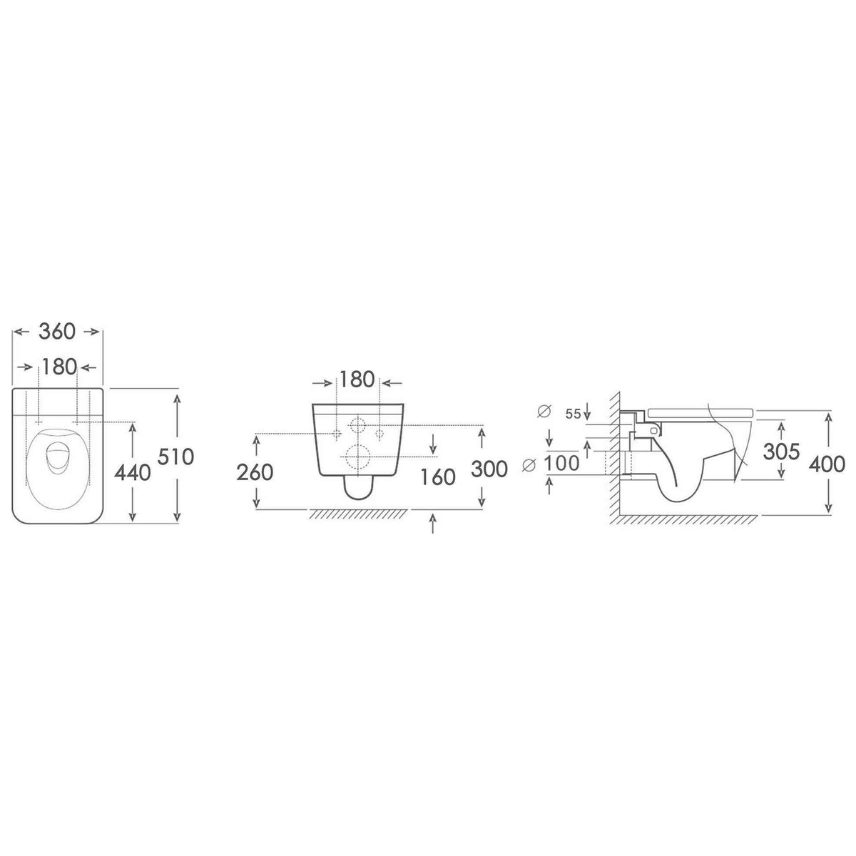 SANIKB FT-249 wall-hung toilet dimension drawing, 510 × 360 × 305 mm