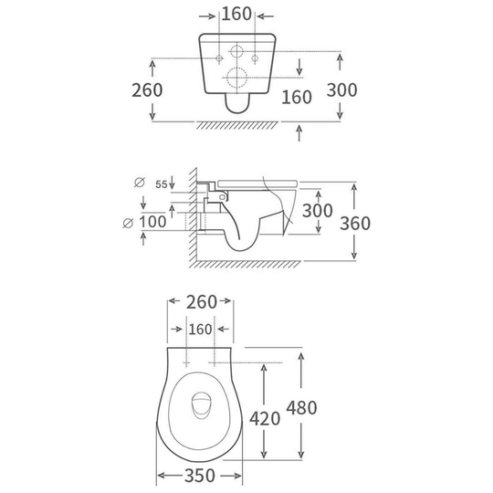 SANIKB FT-257 wall-hung toilet dimension drawing, 480 × 350 × 300 mm