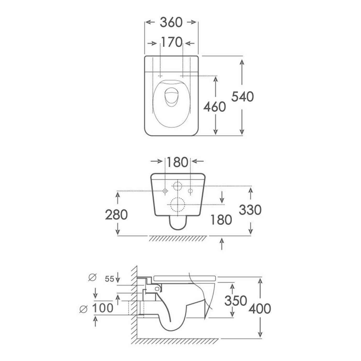 SANIKB FT-524 wall-hung toilet dimension drawing, 540 × 360 × 350 mm