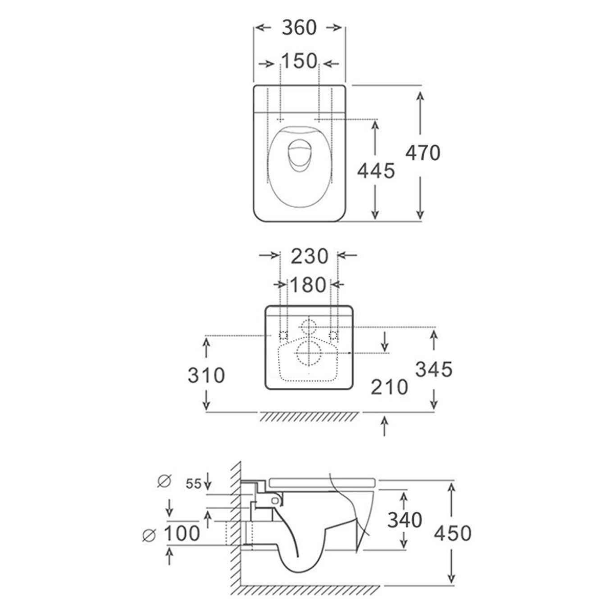 SANIKB FT-543 wall-hung toilet dimension drawing, 470 × 360 × 340 mm