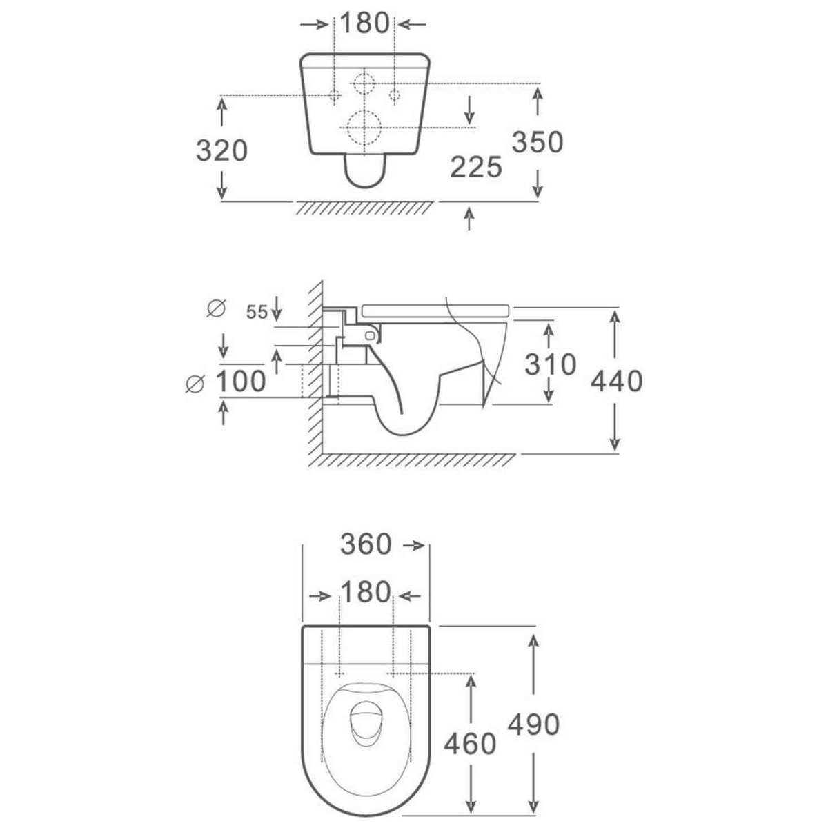 SANIKB FT-705 wall-hung toilet dimension drawing, 490 × 360 × 310 mm