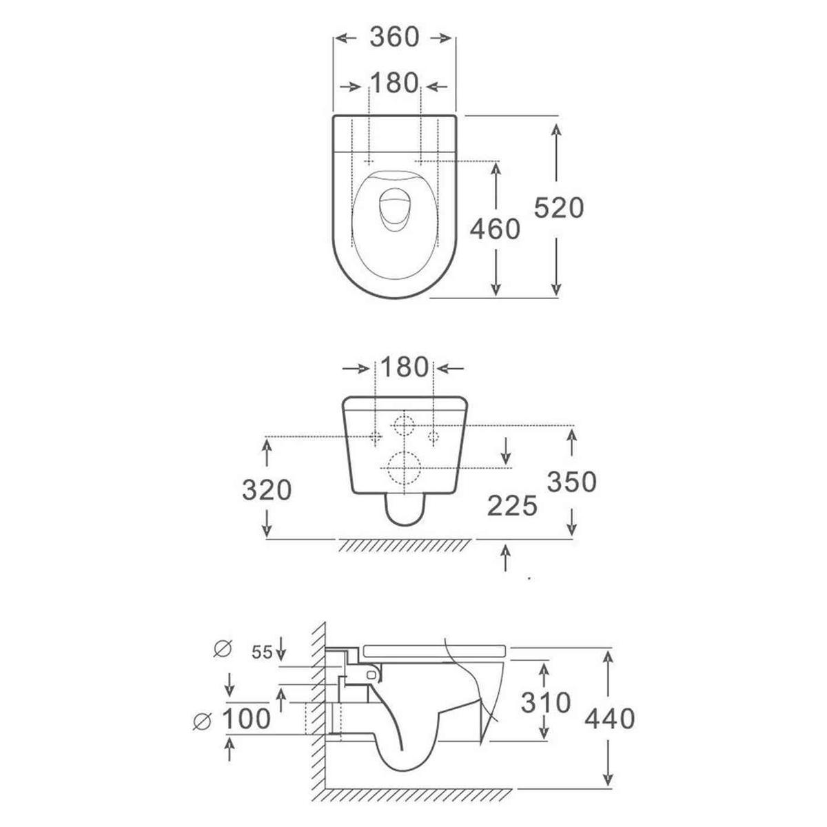 SANIKB FT-876 wall-hung toilet dimension drawing, 520 × 360 × 310 mm