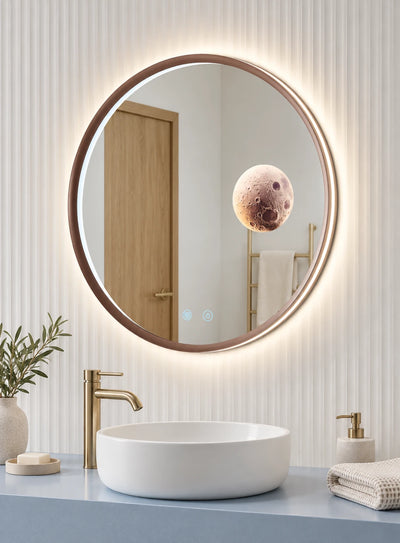 Gold Frame Round Backlit LED Bathroom Mirror — full product view; KS-010-1004