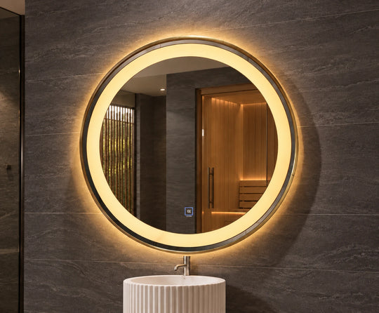 Gold Frame Round Perimeter LED Mirror — full product view; KS-2006