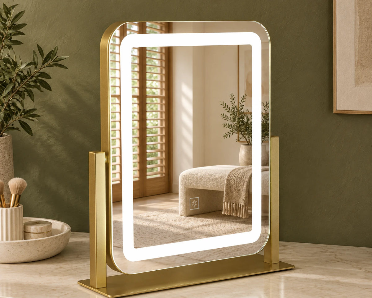 Gold Frame Rounded LED Makeup Mirror — full product view; KS-HZ08