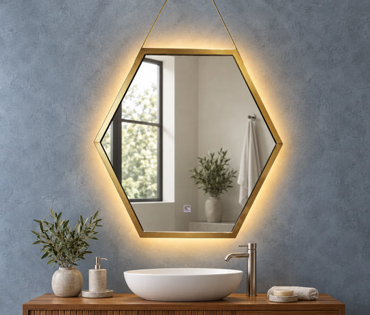 Gold Hexagon Backlit LED Mirror — full product view; KS-2002