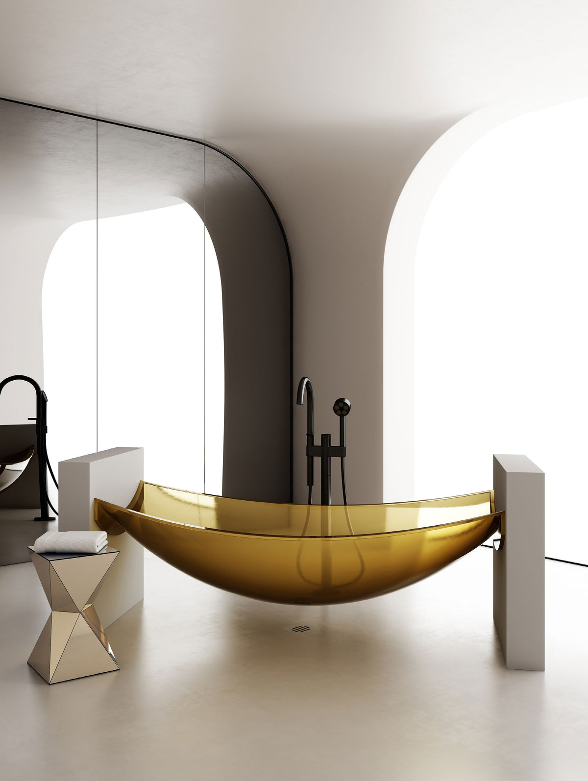 Golden Curved Transparent Bathtub with End Supports; original factory model TW-8997T complete product view