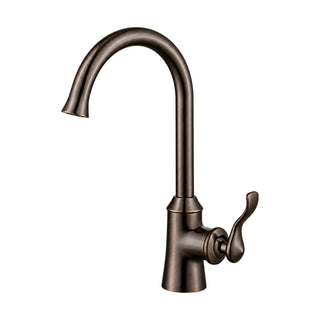 Antique brass kitchen faucet with bell-shaped body, gooseneck spout with flared tip and scroll lever — SANIKB DL-05 034-FG