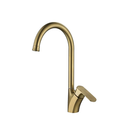 Brushed gold gooseneck kitchen faucet, brass body, tall curved arc spout, single lever — SANIKB FYF-05055.
