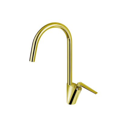 Polished gold gooseneck kitchen faucet, brass body, tall arched spout and sleek lever — SANIKB FYF-05058.