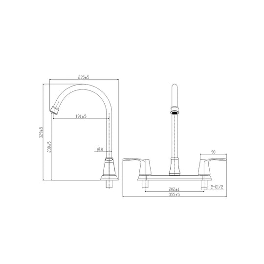 Dimensioned spec drawing for SANIKB FYF-05019 gooseneck kitchen faucet, two-handle brass body.