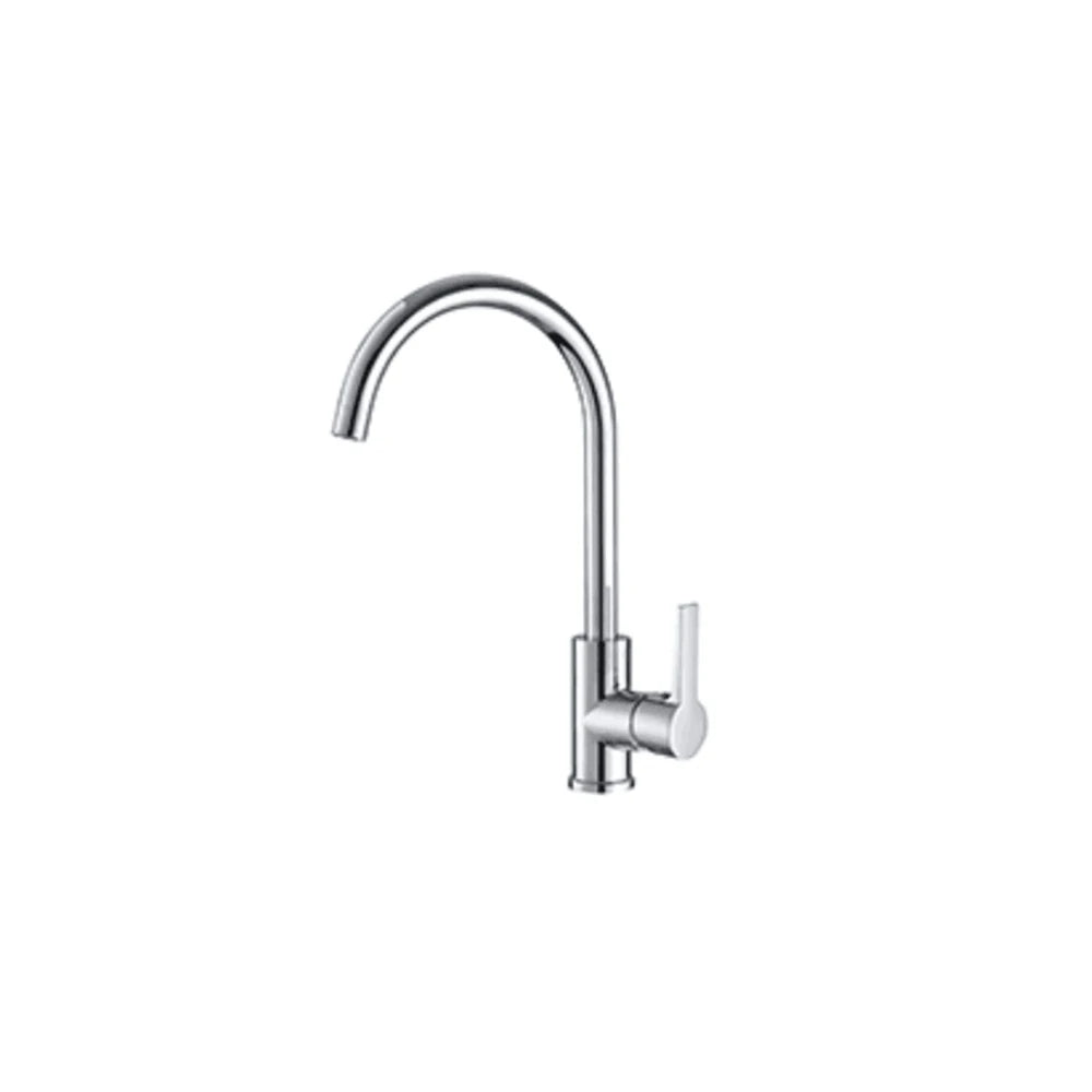 Polished chrome gooseneck kitchen faucet, brass body, high-arc curved spout with side lever — SANIKB FYF-05149.