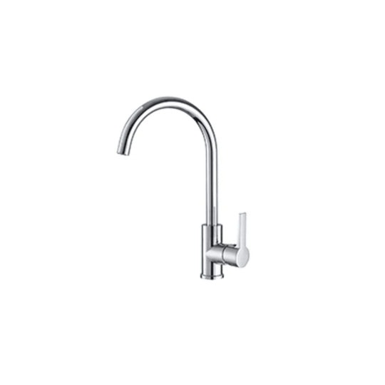 Polished chrome gooseneck kitchen faucet, brass body, high-arc curved spout with side lever — SANIKB FYF-05149.