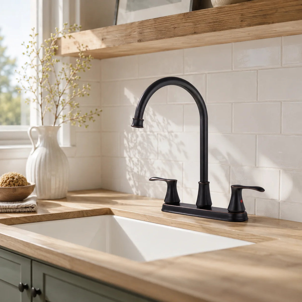 Gooseneck kitchen faucet brass, installed kitchen lifestyle scene — SANIKB FYF-05019