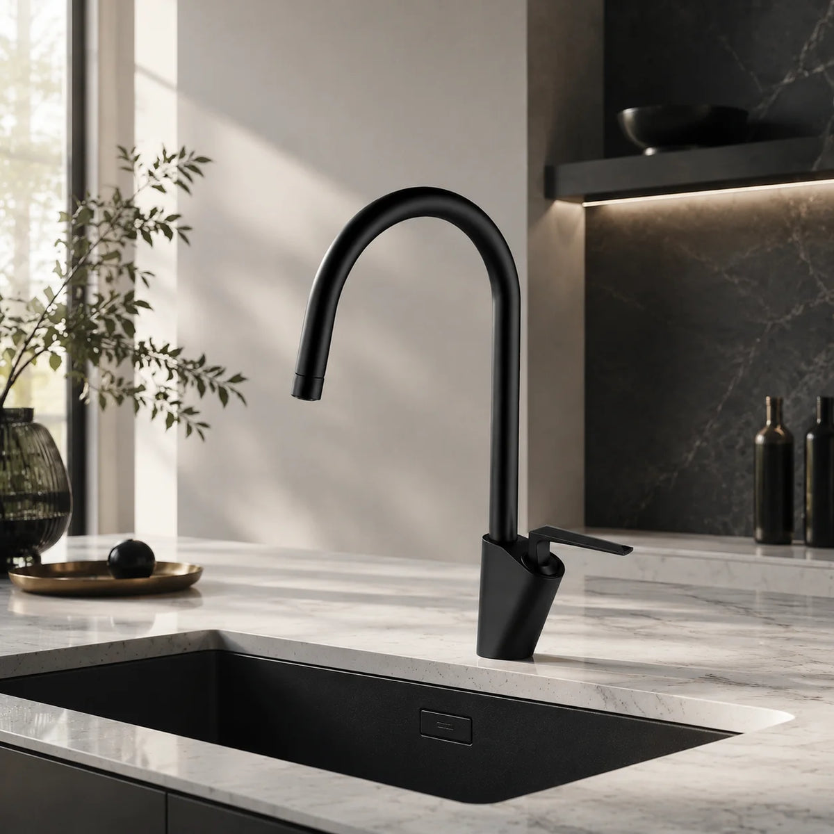 Gooseneck kitchen faucet brass, installed kitchen lifestyle scene — SANIKB FYF-05058