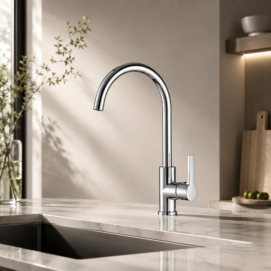 Gooseneck kitchen faucet brass, installed kitchen lifestyle scene — SANIKB FYF-05149