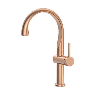 Brushed rose gold gooseneck kitchen faucet with slim round column, high C-shaped spout and side pin lever — SANIKB K1032 03 36 2