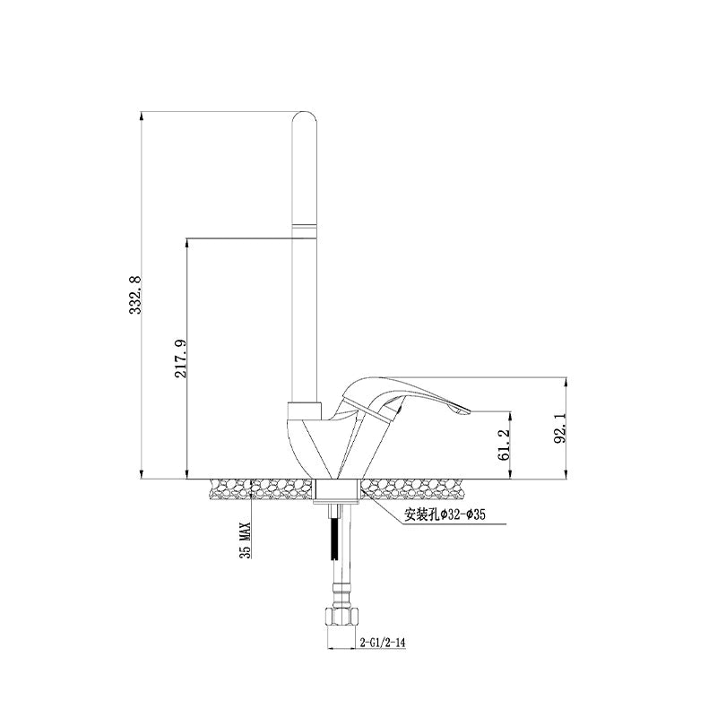 Technical dimension line drawing of the chrome gooseneck kitchen faucet, overall height 332.8 mm, spout outlet height 217.9 mm, deck mount hole Ø32-35 mm — SANIKB FYF-05022.