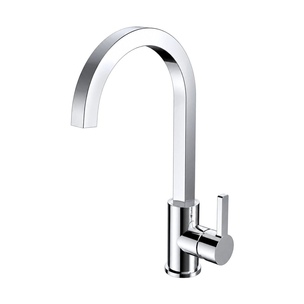 Chrome kitchen faucet with round vertical body, flat rectangular spout in a tall squared arc and side lever — SANIKB DL-05 104-CP