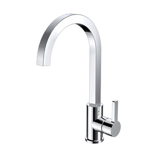 Chrome kitchen faucet with round vertical body, flat rectangular spout in a tall squared arc and side lever — SANIKB DL-05 104-CP