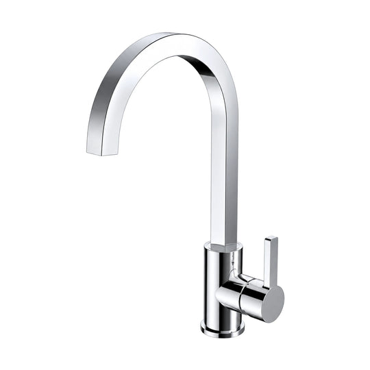 Chrome kitchen faucet with round vertical body, flat rectangular spout in a tall squared arc and side lever — SANIKB DL-05 104-CP