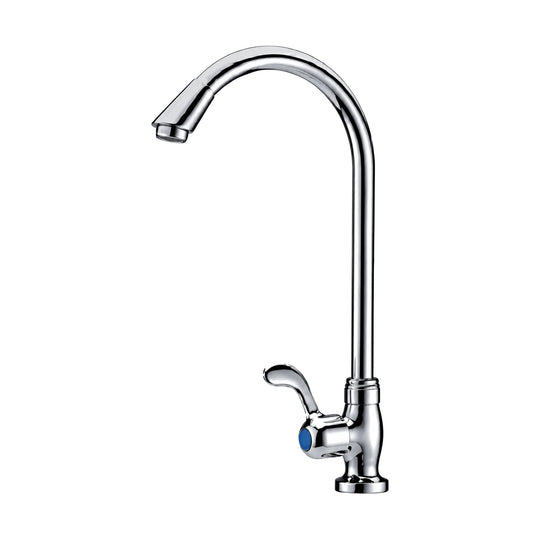 Chrome cold water gooseneck kitchen faucet with curved wing lever, tall C-shaped tube and base nut — SANIKB DL-02 405-CP