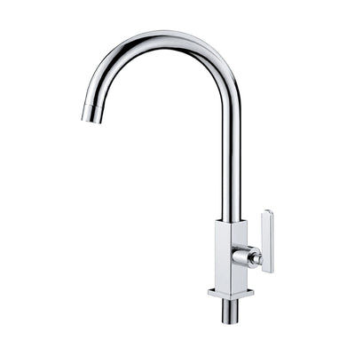 Chrome cold water kitchen faucet with square body, high C-shaped round-tube spout and threaded tail — SANIKB DL-02 411-CP