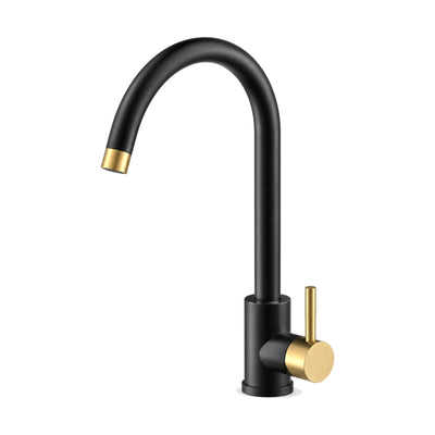 Matte black gooseneck kitchen faucet with high C-shaped spout, brushed gold tip and gold side pin lever — SANIKB K127 03 47 2
