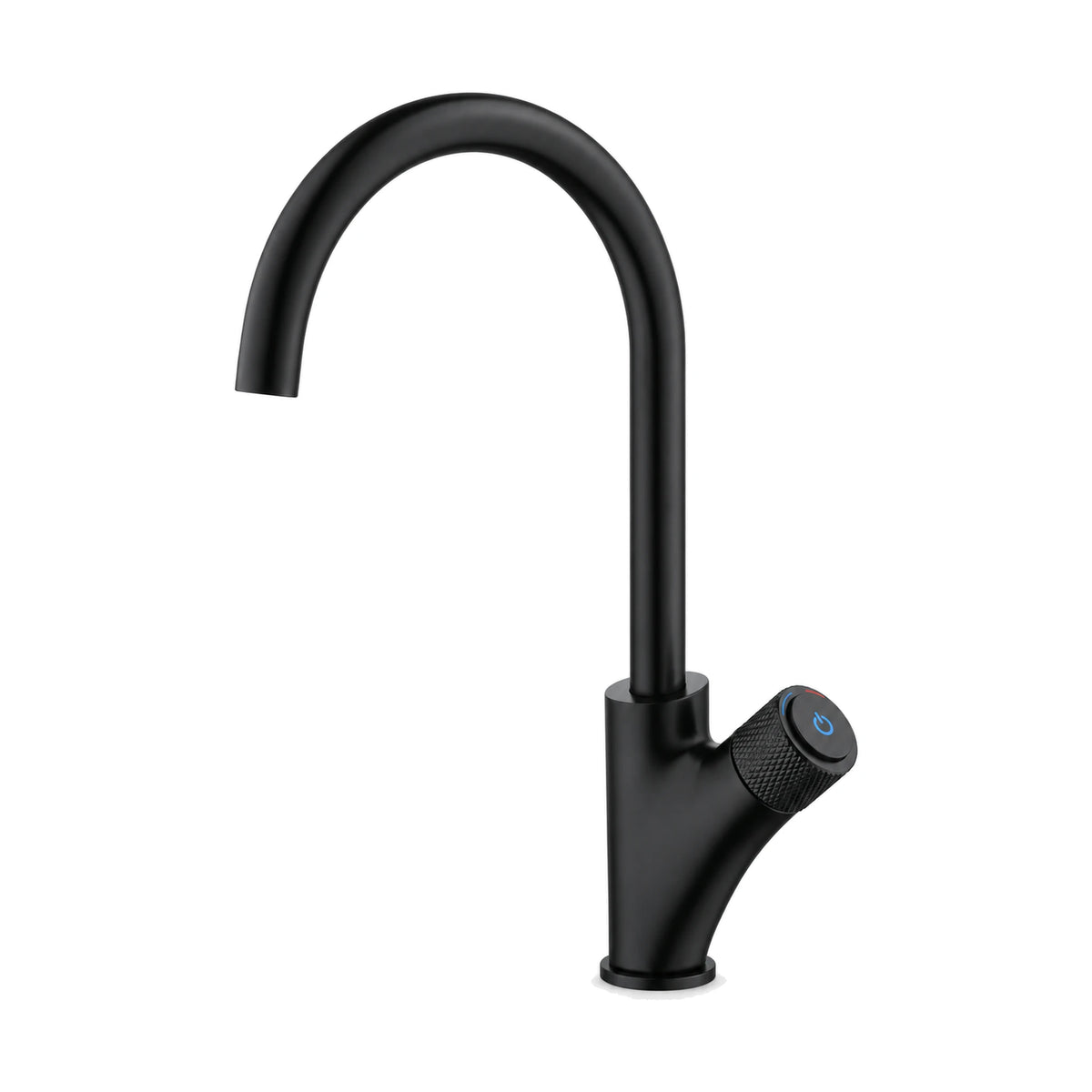 Matte black gooseneck kitchen faucet with forward-angled lever with blue and red indicator — SANIKB DL-05 001-BK