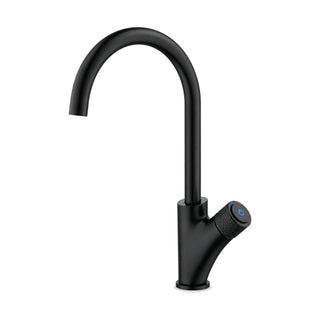 Matte black gooseneck kitchen faucet with forward-angled lever with blue and red indicator — SANIKB DL-05 001-BK
