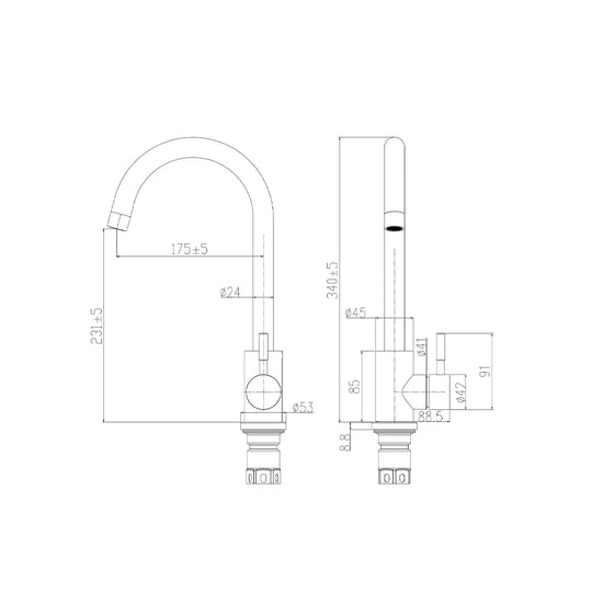 Dimensioned spec drawing for SANIKB FYF-05054 gooseneck kitchen faucet.