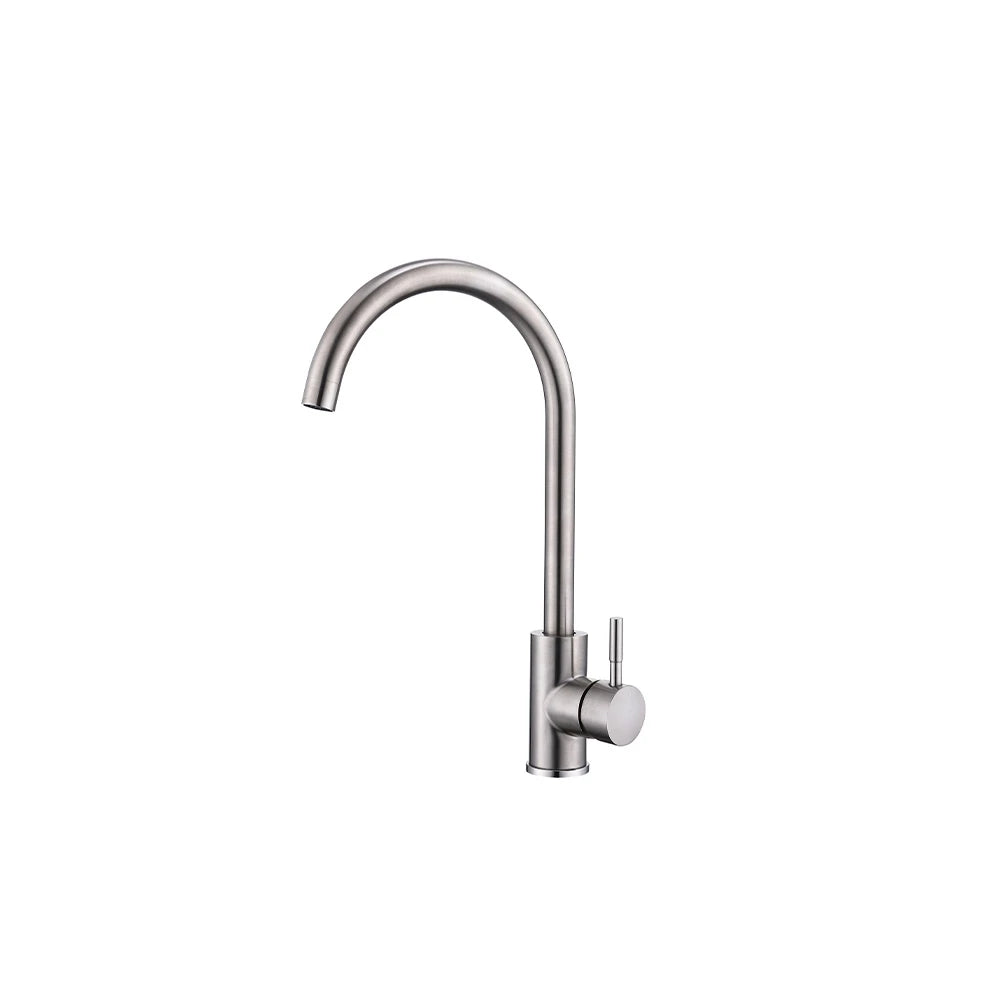 Brushed nickel gooseneck kitchen faucet, stainless steel, high-arc curved spout, single side lever — SANIKB FYF-05054.