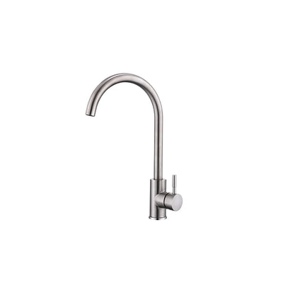 Brushed nickel gooseneck kitchen faucet, stainless steel, high-arc curved spout, single side lever — SANIKB FYF-05054.