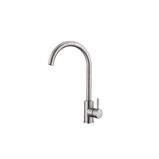 Brushed nickel gooseneck kitchen faucet, stainless steel, high-arc curved spout, single side lever — SANIKB FYF-05054.