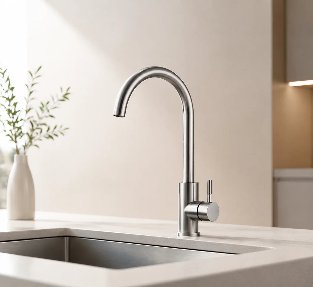 Gooseneck kitchen faucet stainless steel, installed kitchen lifestyle scene — SANIKB FYF-05054