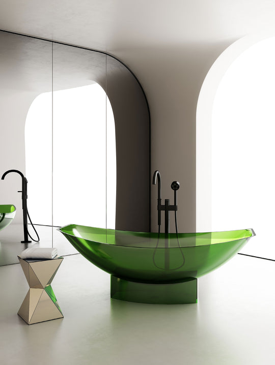 Green Curved Transparent Bathtub on Central Base; original factory model TW-8991T complete product view