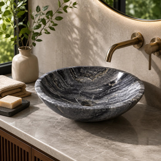 Green Marble Polished Round Vessel Basin 16.5×5.5