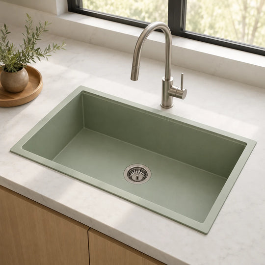 Green single bowl quartz composite sink installed in a styled kitchen — lifestyle scene, SANIKB SN7842.