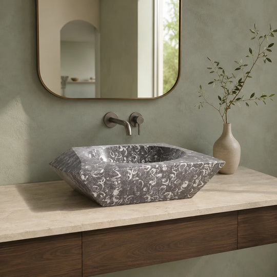 Grey Fossil Limestone Oval Vessel Basin 17.3×5.1