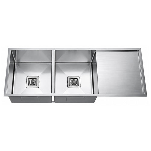 SANIKB HMD11646DB-8 — Square-Drain Double Bowl Undermount Sink with Drainboard, 1160 x 460 mm