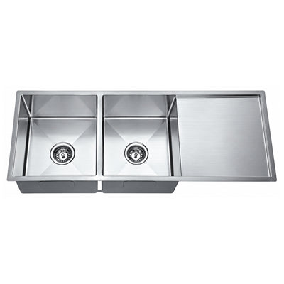 SANIKB HMD11646DB-9 — 45-5/8" Double Bowl Undermount Sink with Drainboard, Round 3-1/2" Drai