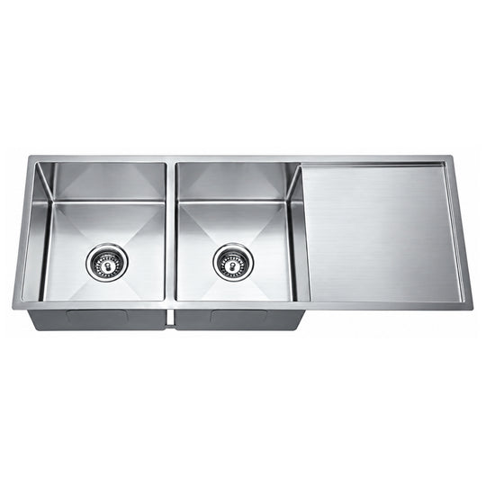SANIKB HMD11646DB-9 — 45-5/8" Double Bowl Undermount Sink with Drainboard, Round 3-1/2" Drai