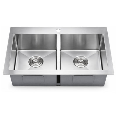 SANIKB HMT3019R — Handmade Top-Mount Equal Double Bowl Sink 30x19, 13" x 14-1/4" Bowls