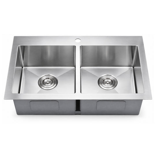 SANIKB HMT3019R — Handmade Top-Mount Equal Double Bowl Sink 30x19, 13" x 14-1/4" Bowls