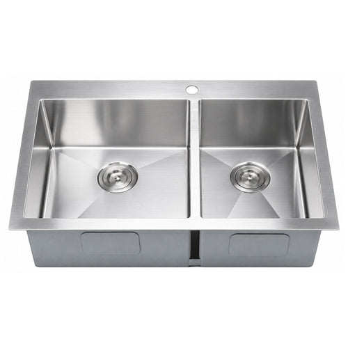 SANIKB HMT3322D — Handmade Top Mount Offset Double Bowl Kitchen Sink 33x22, 17-1/4" + 12"