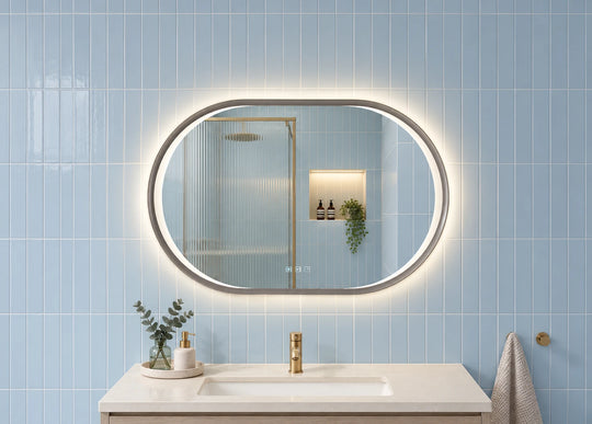 Horizontal Capsule LED Bathroom Mirror — catalog detail view; KS-009-1002