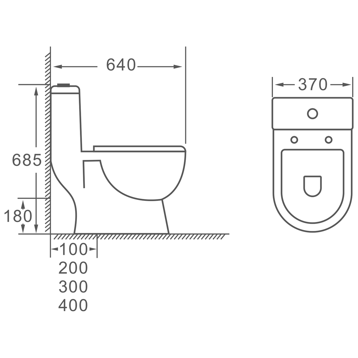SANIKB HSJ-2332 one-piece toilet dimension drawing, 640 × 370 × 685 mm